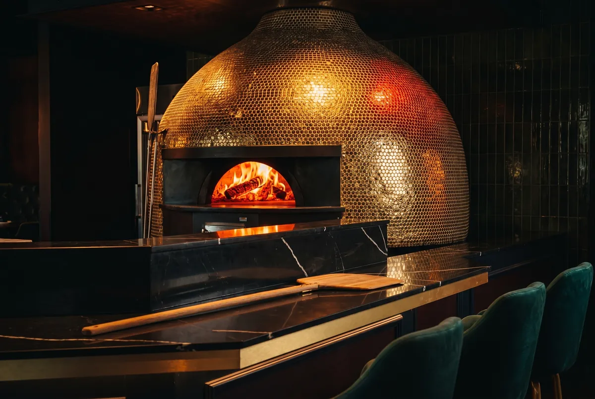 Gold mosaic oven detail in the dining room, Moderna Bar & Pizzeria, Austin